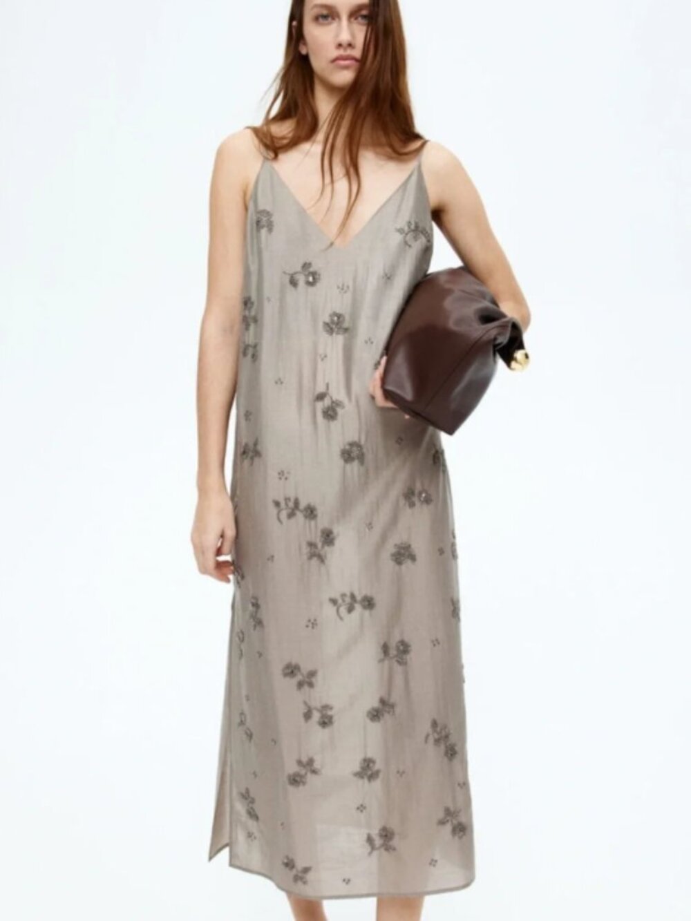 H&M Edition Beaded Spaghetti Strap Slip Dress in Taupe - Size XS